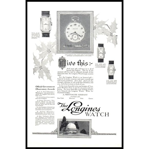 1924 The Longines Watch Vintage Print Ad Christmas Gift Holly Leaves Wall Art - Picture 1 of 1